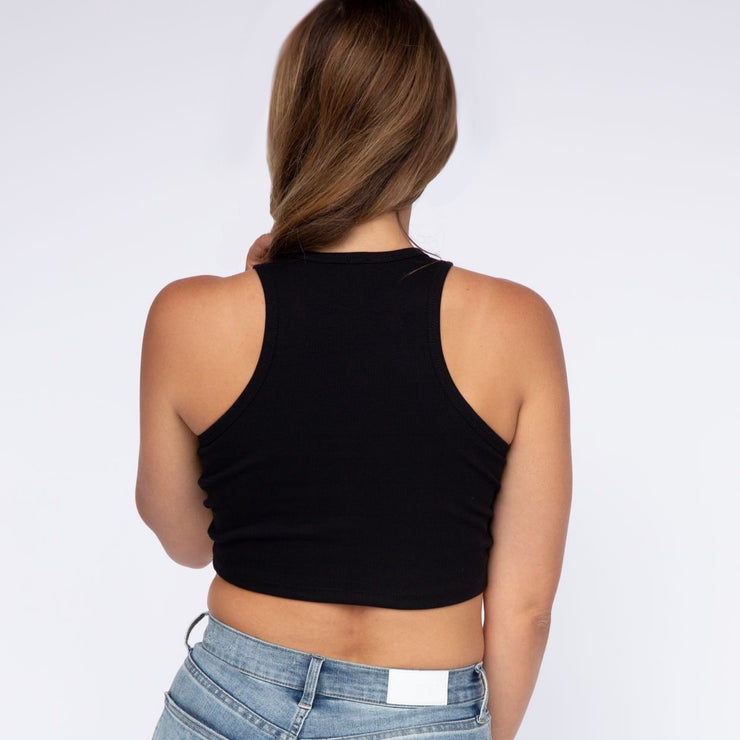 High Neck Ribbed Crop Tank in Black